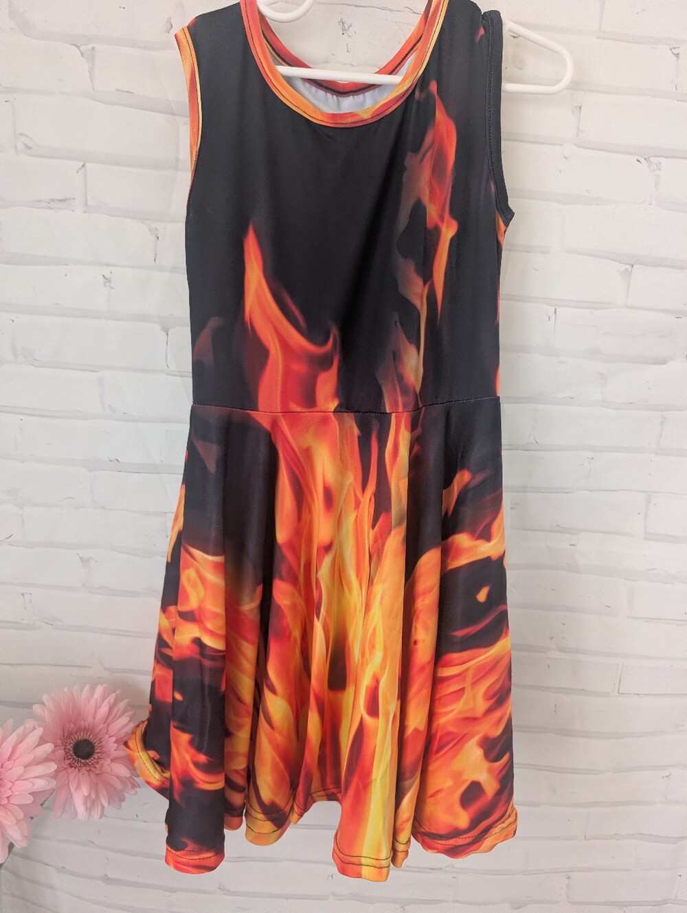 Flame Print Sleeveless Fit & Flare Dress - Black and Orange